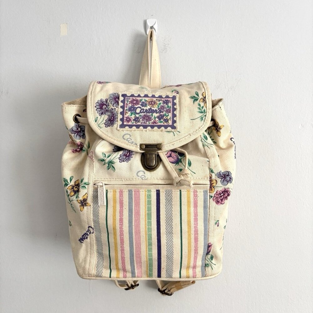 Carter’s Vintage Canvas Drawstring Backpack Cream Floral and Stripe Pattern